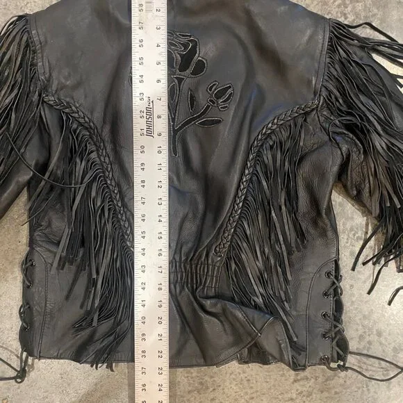 Black Leather Vintage Biker Jacket with Fringe and Rose Detail - Picture 10 of 13